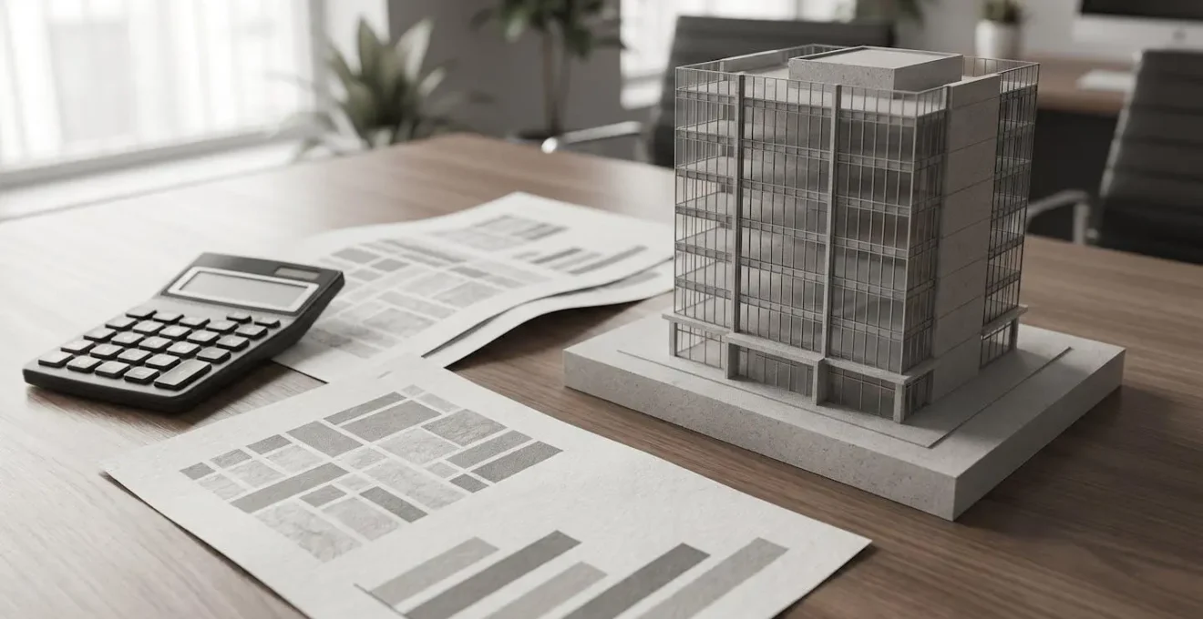 Professional analysis of commercial property investment showing financial evaluation metrics and building assessment