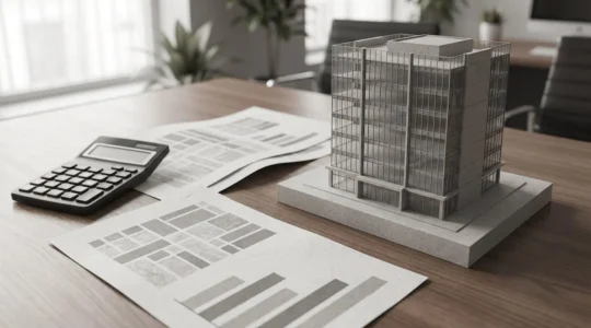 Professional analysis of commercial property investment showing financial evaluation metrics and building assessment