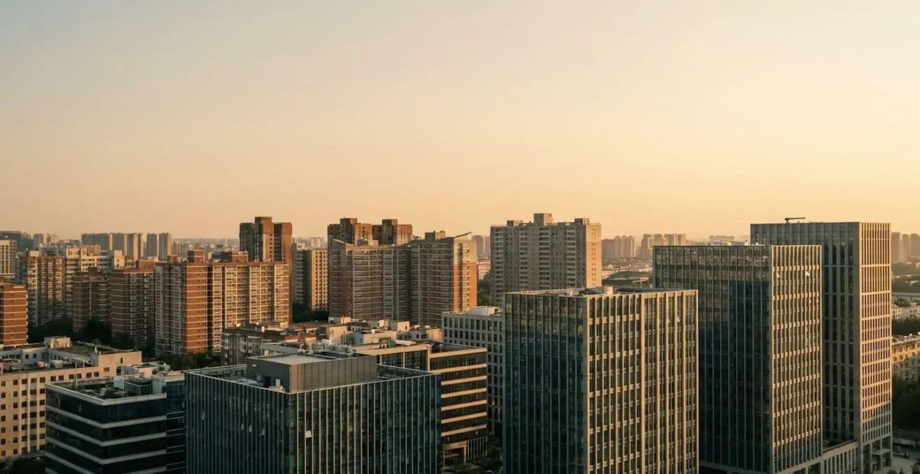 Wide-angle architectural photograph comparing commercial and residential building investments