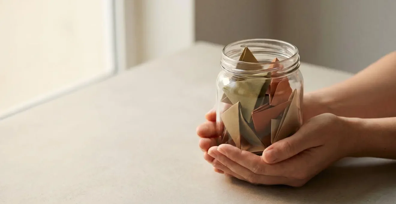 Hands gently holding a secure glass jar filled with emergency cash savings against soft natural light background