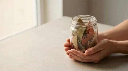 Hands gently holding a secure glass jar filled with emergency cash savings against soft natural light background