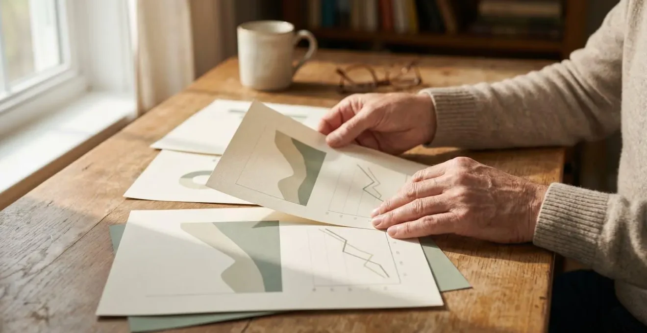 Close-up of hands arranging financial planning documents and charts on a wooden desk with natural lighting