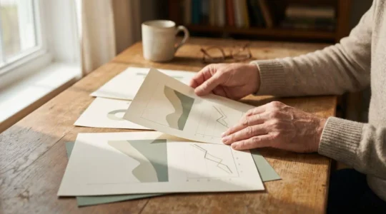 Close-up of hands arranging financial planning documents and charts on a wooden desk with natural lighting