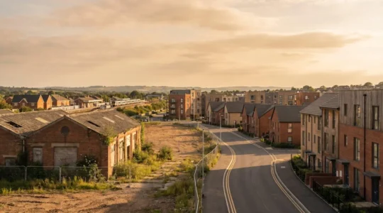Wide view of urban development showing property transformation potential with infrastructure planning elements