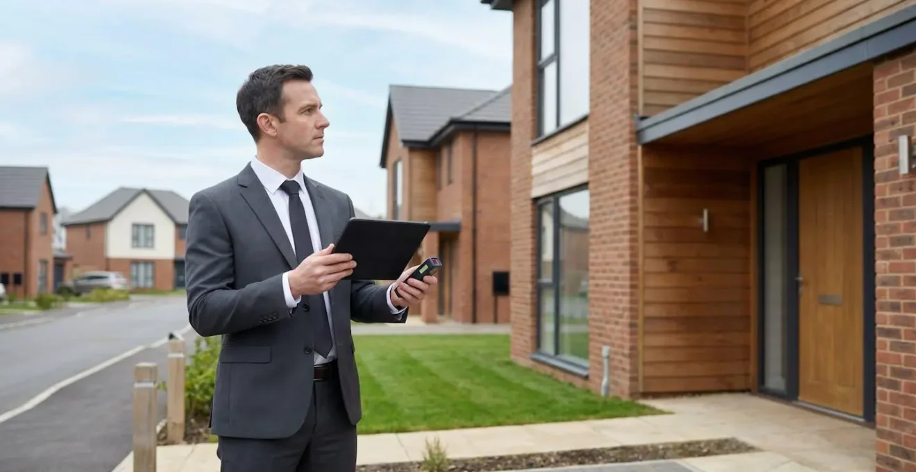 Professional surveyor examining residential property exterior with measuring equipment and documentation for market valuation