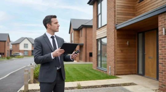 Professional surveyor examining residential property exterior with measuring equipment and documentation for market valuation