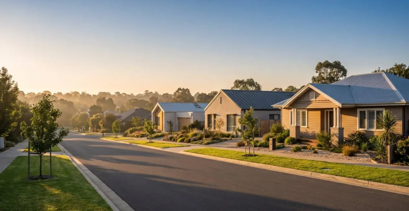 Residential street with modern homes showing varying property values and architectural features at golden hour