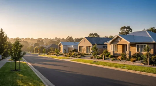 Residential street with modern homes showing varying property values and architectural features at golden hour