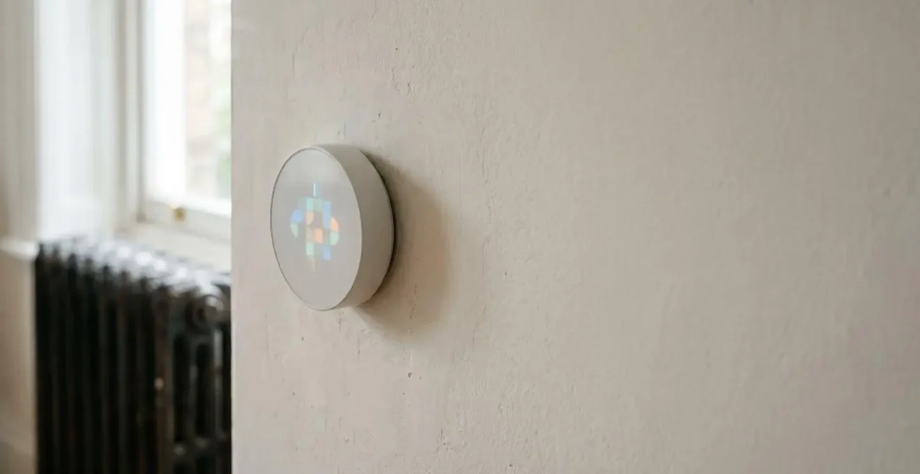 Modern smart thermostat mounted on a UK home wall with radiator in soft focus background