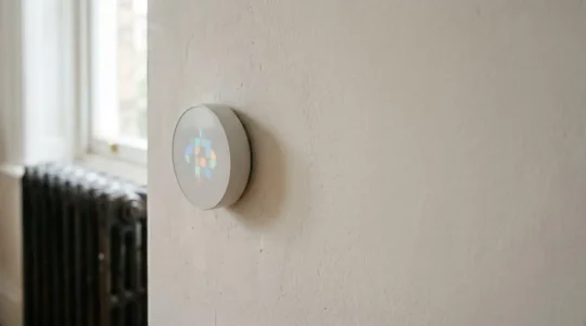 Modern smart thermostat mounted on a UK home wall with radiator in soft focus background