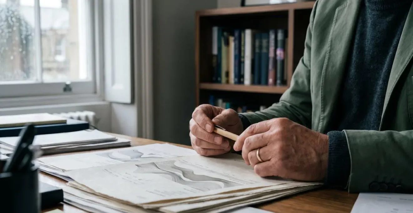 Professional UK investor analyzing market strategy with thoughtful consideration