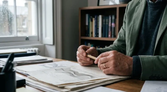 Professional UK investor analyzing market strategy with thoughtful consideration
