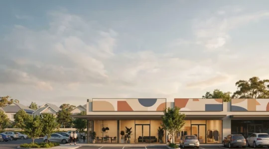 Modern suburban retail storefront with convenient parking and accessible location showing economic vitality