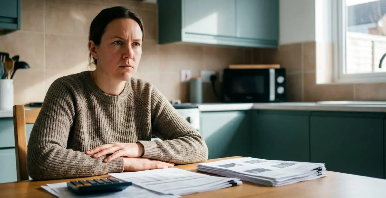 Person reviewing financial documents with calculator showing debt reduction progress in British home setting