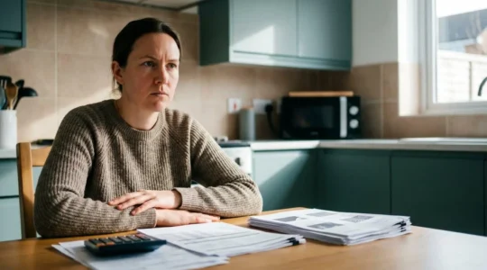 Person reviewing financial documents with calculator showing debt reduction progress in British home setting