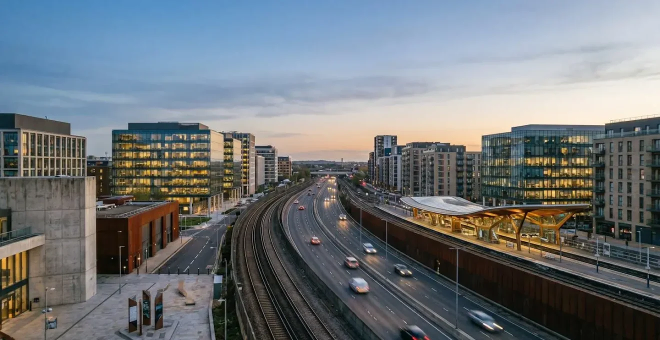 Wide-angle view of modern UK urban development corridor with transport infrastructure and commercial buildings