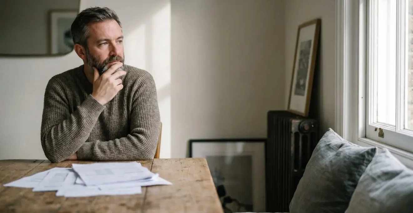 British homeowner contemplating mortgage documents in modern UK home setting