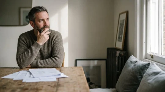 British homeowner contemplating mortgage documents in modern UK home setting