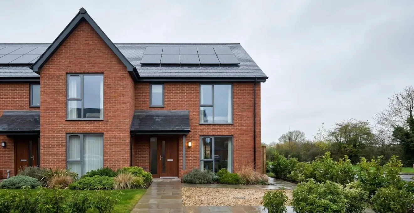 Modern UK residential property showcasing energy efficiency features with professional editorial composition