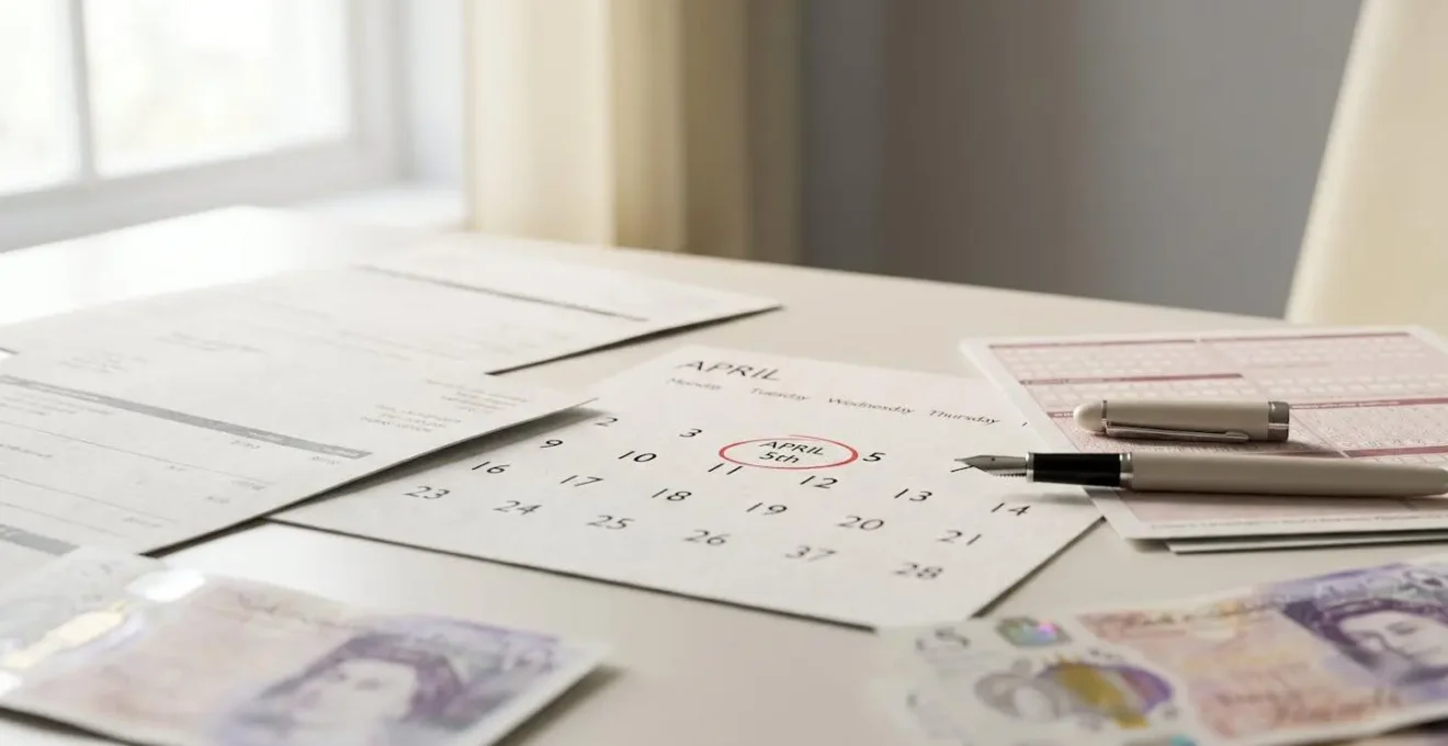 Strategic tax planning concept with financial documents and calendar marking UK tax year end deadline