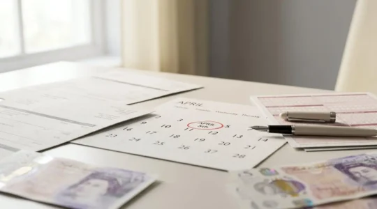 Strategic tax planning concept with financial documents and calendar marking UK tax year end deadline
