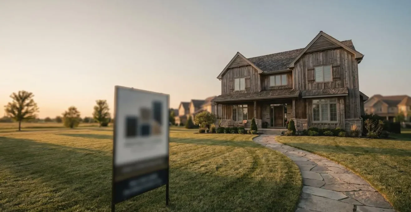 Residential property with prominent for-sale sign showing extended time on market during golden hour