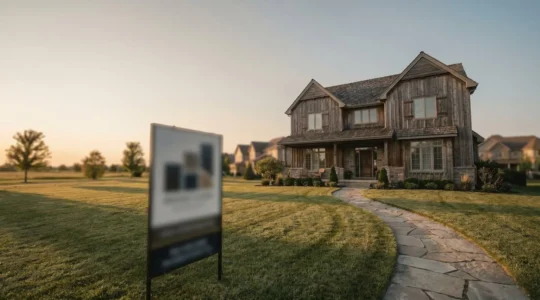 Residential property with prominent for-sale sign showing extended time on market during golden hour