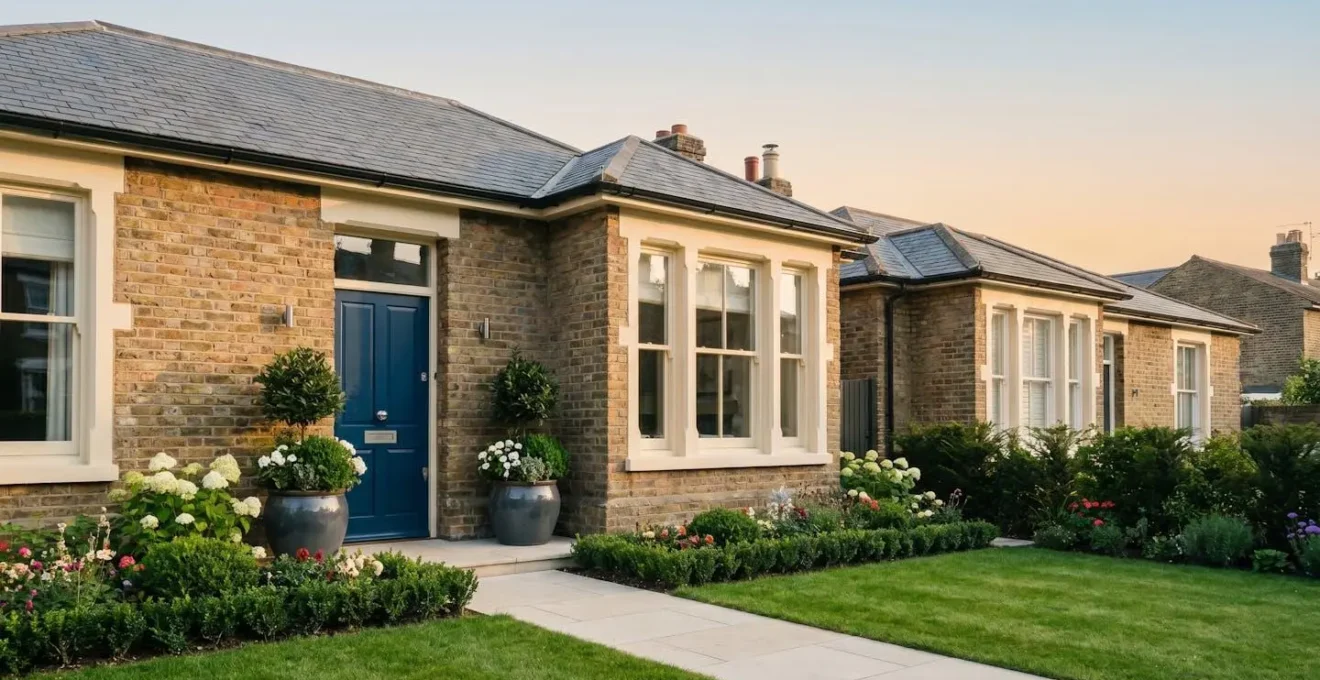 A well-maintained UK property exterior with freshly painted front door, manicured front garden, and attractive landscaping creating strong first impression