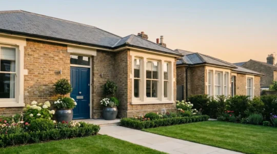 A well-maintained UK property exterior with freshly painted front door, manicured front garden, and attractive landscaping creating strong first impression